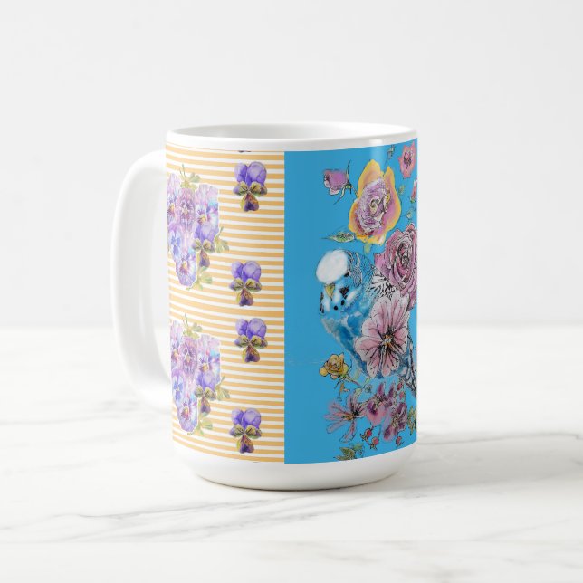 Tasse à mug oiseaux floraux Budgie rose bleu peint (Devant gauche)