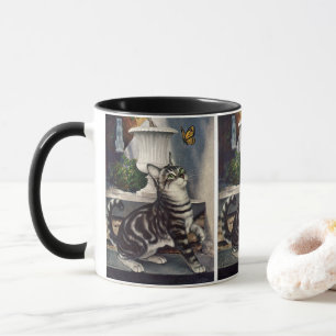 Tasse Animaux vintage, chat tigré mignon et papillon