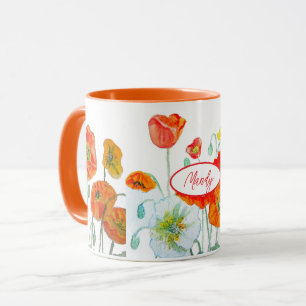 Tasse aquarelle à motif de fleur de pavot rouge or