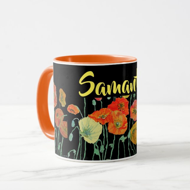 Tasse aquarelle Coquelicots orange et noir (Devant gauche)