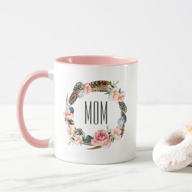 Tasse Aquarelle florale avec le jour de mère des plumes (Avec donut)