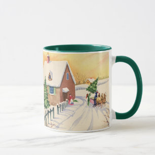 Tasse Arbre de Noël vintage sur une route enneigée d'hiv