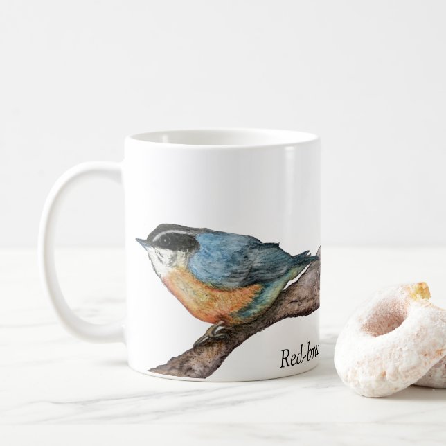Tasse aus Rot-Brest-Nuthatch-Weißer Kaffee (Mit Donut)