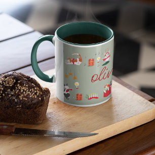 Tasse avec motif de Noël vert chat mignon rétro