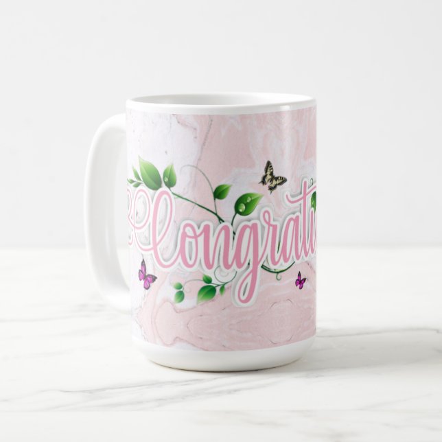 Tasse avec texte Félicitations Fleurs Roses (Devant gauche)