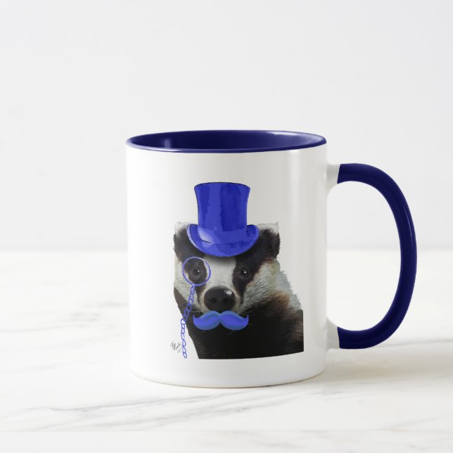 Tasse Badger avec chapeau bleu et moustache (Droite)