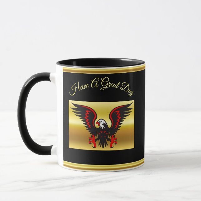 Tasse Bande dessinée Aigle noir et rouge avec feuille d' (Gauche)
