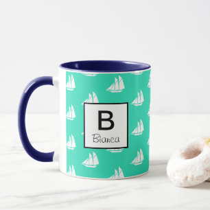 Tasse Bateaux à voile blanc nautique & Sea Green Personn