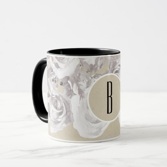 Tasse Blanc Russe Roses d'hiver Shabby Chic Kraft (Devant gauche)