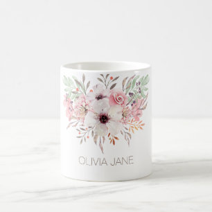 Tasse blanche florale d'aquarelle rose moderne