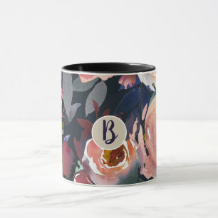 Tasse Bleu foncé et rose blush aquarelle floral chic