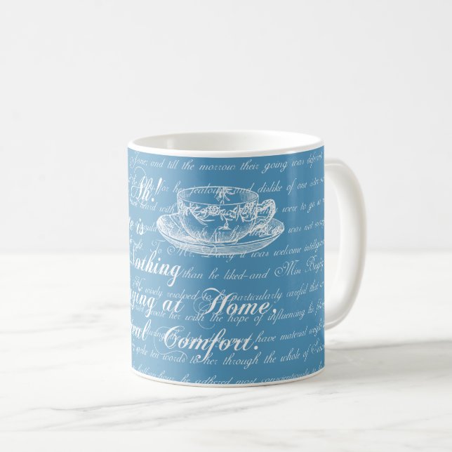 Tasse bleue et blanche des textes à la maison de (Devant droit)