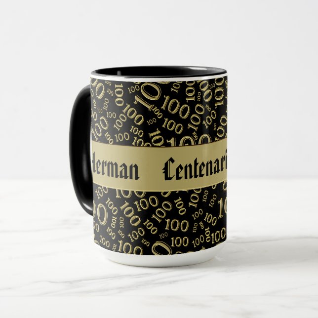Tasse Centenaire Anniversaire Numéro Motif 100 Noir/Or (Devant gauche)