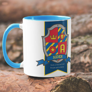 Tasse Chevalier Aiden bouclier rouge nom bleu signifiant