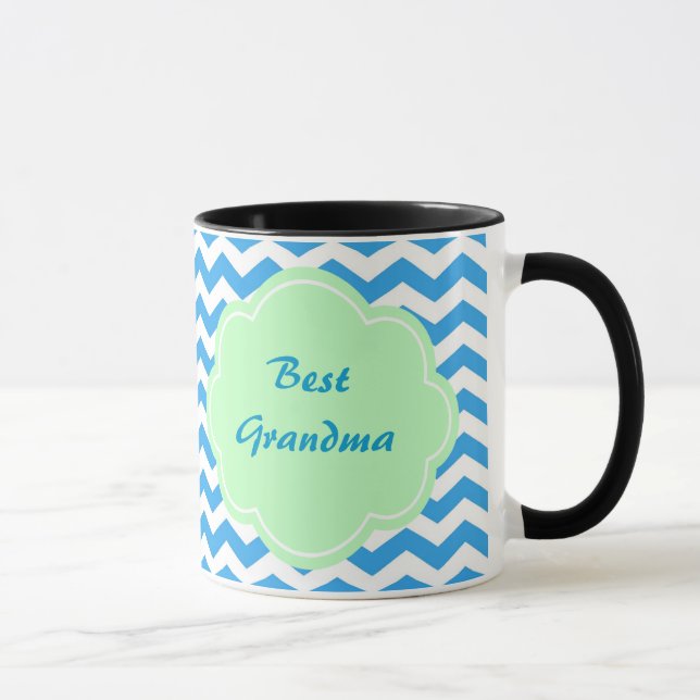 Tasse chevron bleu, forme vert clair, monogramme (Droite)