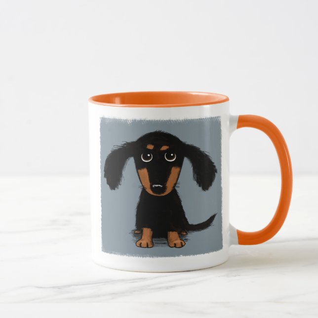 Tasse Chien chiot long haïe noir et tan dachshund (Droite)