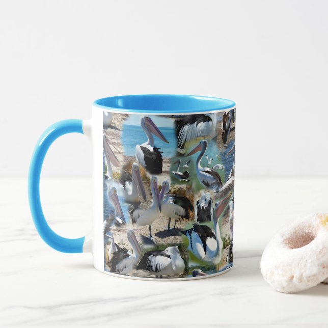 Tasse Collage de photos de pélicans, bleu (Avec donut)