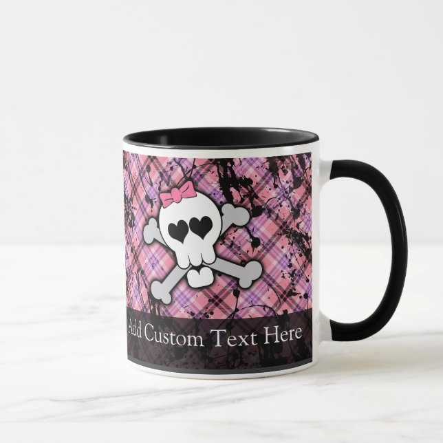 Tasse Crâne grunge rose avec des coeurs d'os croisés (Droite)
