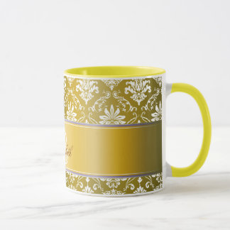 Tasse Damassé jaune de monogramme et blanche d'or