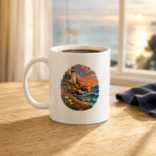 Tasse d'art de phare côtier au coucher du soleil o