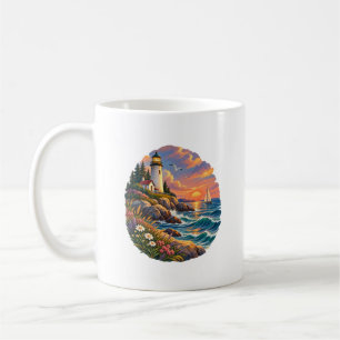 Tasse d'art de phare côtier au coucher du soleil o