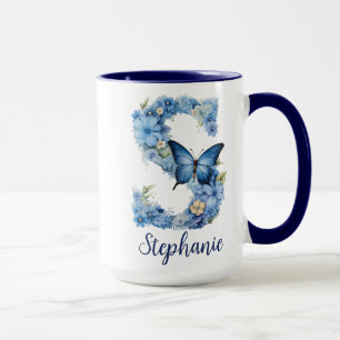 Tasse de café à monogramme bleu floral 15 oz