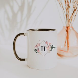 Tasse de café à monogramme floral flamant tropical