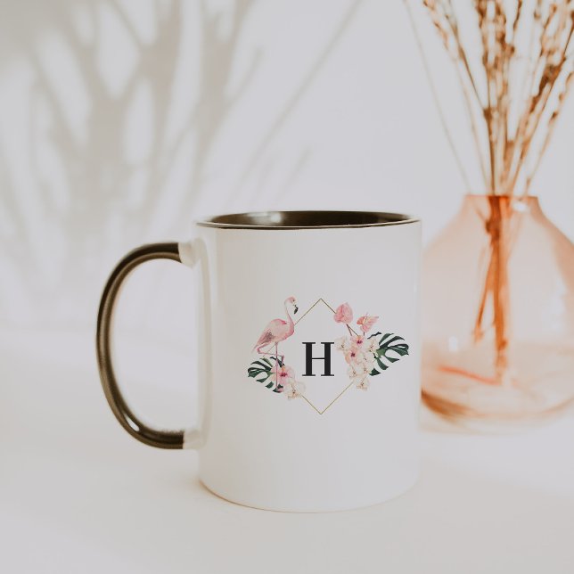 Tasse de café à monogramme floral flamant tropical (Créateur téléchargé)