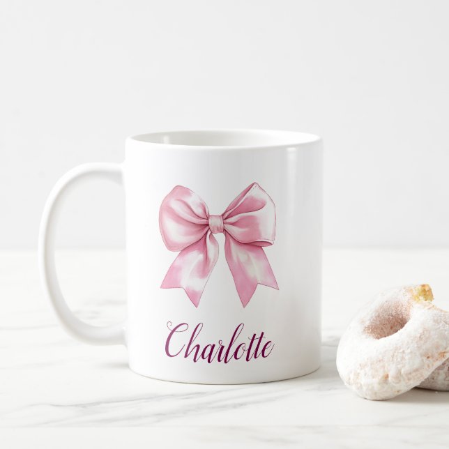 Tasse de café à ruban rose élégant et nom (Avec donut)