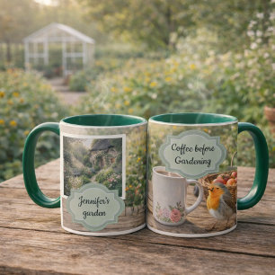 Tasse de café avant le jardinage photo de jardin d