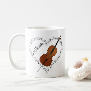 Tasse de café avec notes de musique de violoncelle
