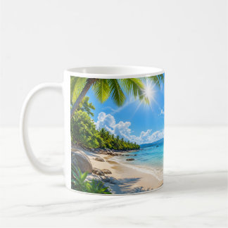 Tasse de café avec une vue océanique tropicale épo
