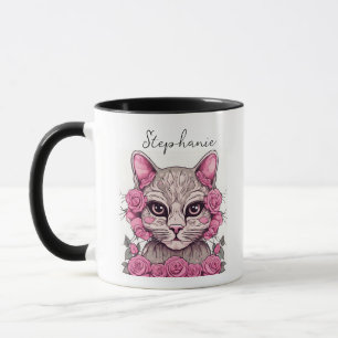 Tasse de café Chat avec des roses roses