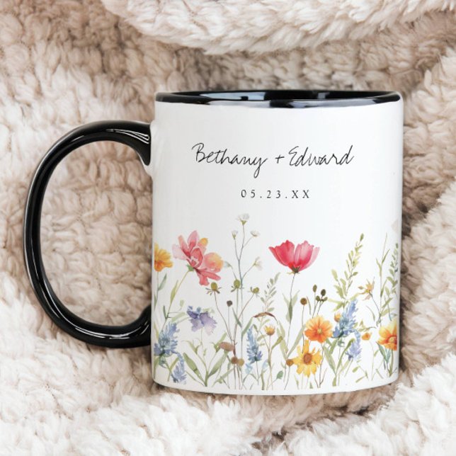 Tasse de café de mariage avec fleurs sauvages aqua (Créateur téléchargé)