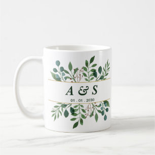 Tasse de café de mariage floral blanc vert