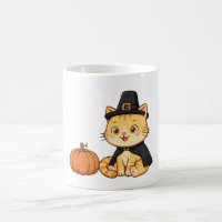 Tasse de café de Thanksgiving avec chat pèlerin et