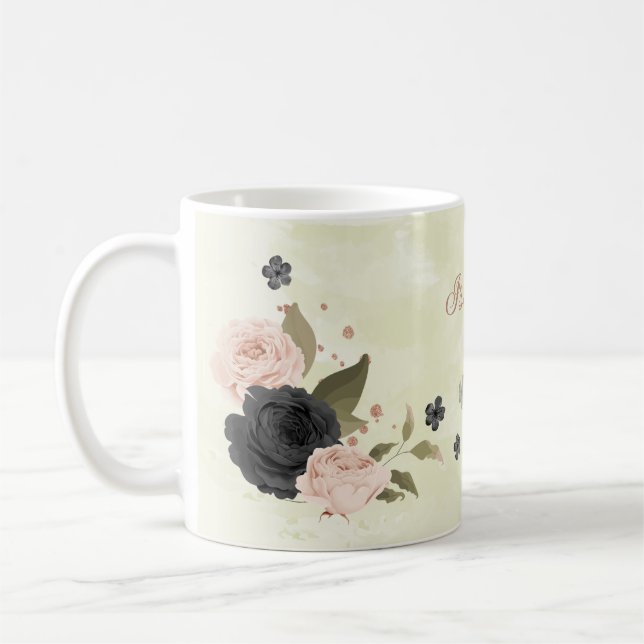 tasse de café noir rousse rose fleurs (Gauche)