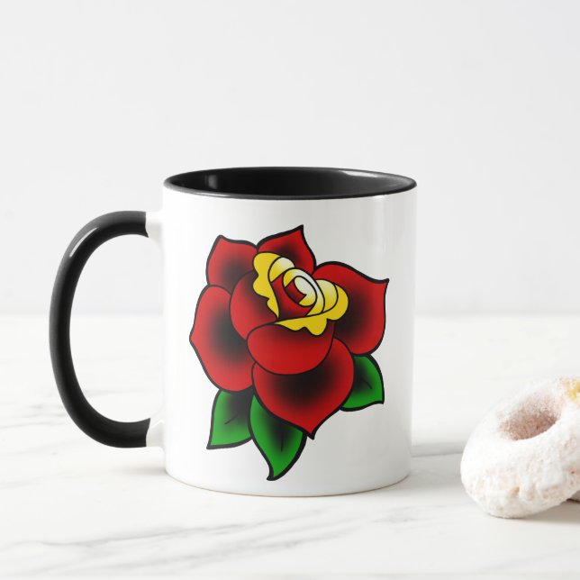 Tasse de café traditionnelle de tatouage de rose (Avec donut)