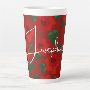Tasse de Latte Illustrée avec Motif de Roses Rouge