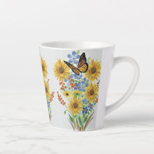 Tasse de latte Papillon et Fleurs Jaunes