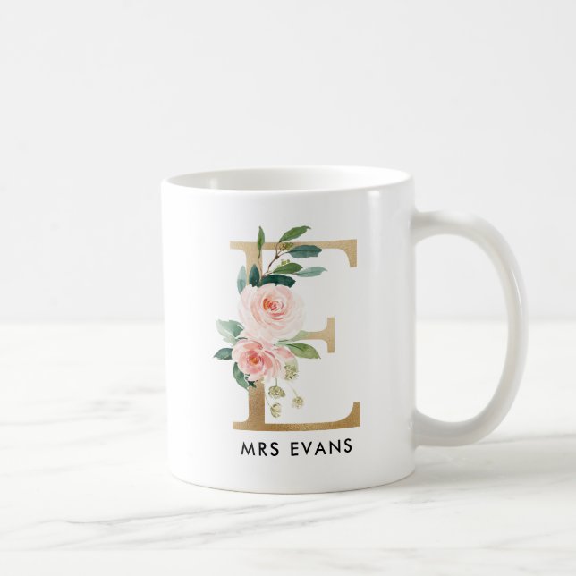 Tasse de monogramme, monogramme floral E, cadeau (Droite)