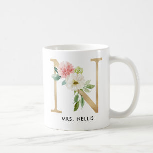 Tasse de monogramme, monogramme floral N, cadeau