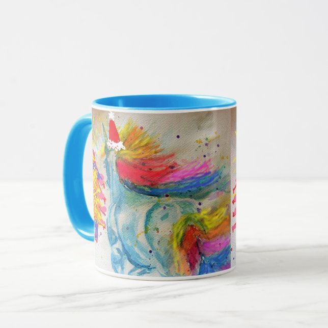 Tasse de Noël Santa Licorne Bleue (Devant gauche)