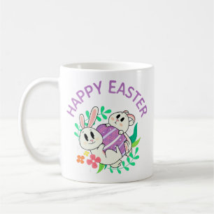 Tasse de Pâques avec un câlin de lapin et d'oeuf