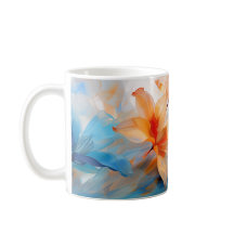 Tasse der blauen und orangen Blume