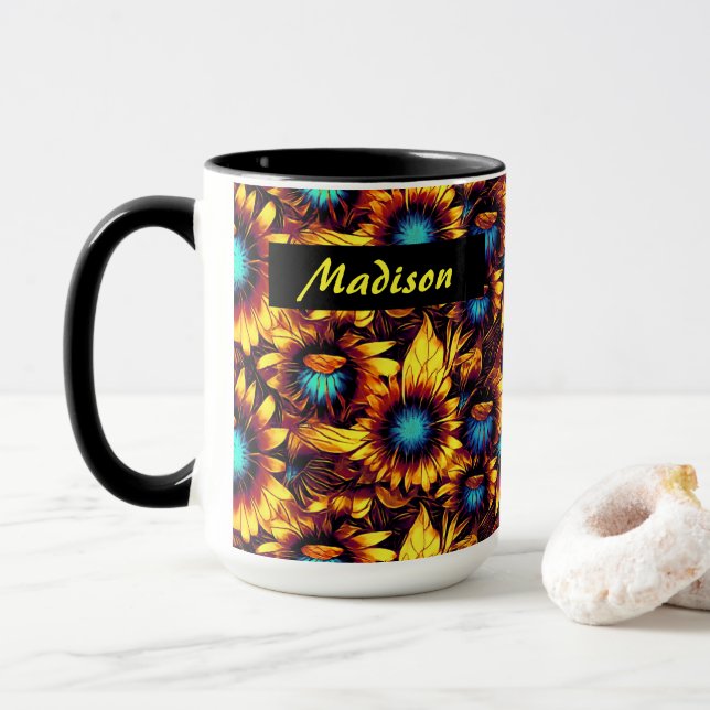 Tasse der hellen Sonnenblumen (Mit Donut)