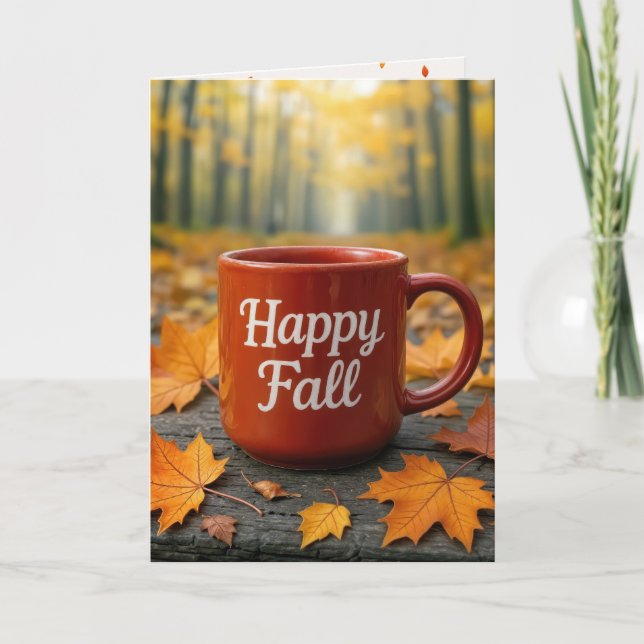 Tasse des Roten Kaffees mit Herbstblättern Karte (Vorderseite)