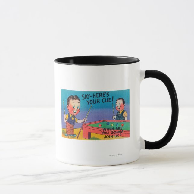 Tasse Deux Cartoon Men Jouer au Pool, voici votre Cue (Droite)