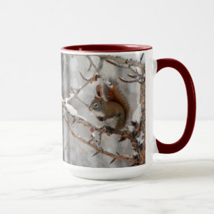 Tasse Écureuil d'hiver, neige et conception rouge de