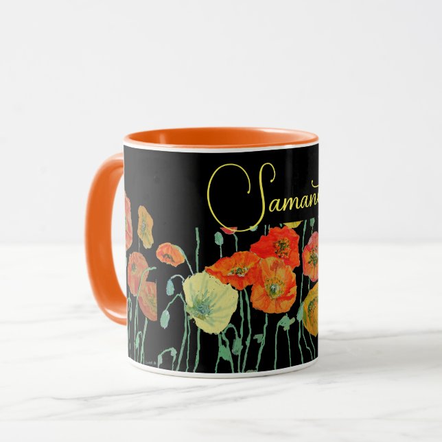 Tasse en aquarelle Coquelicots orange et noir (Devant gauche)